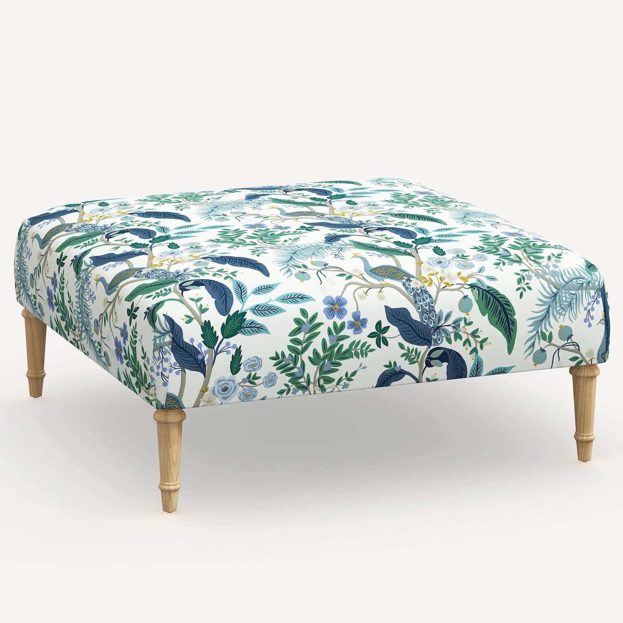 Rifle Paper Co. Greenwich Blue Peacock Ottoman with Natural Legs