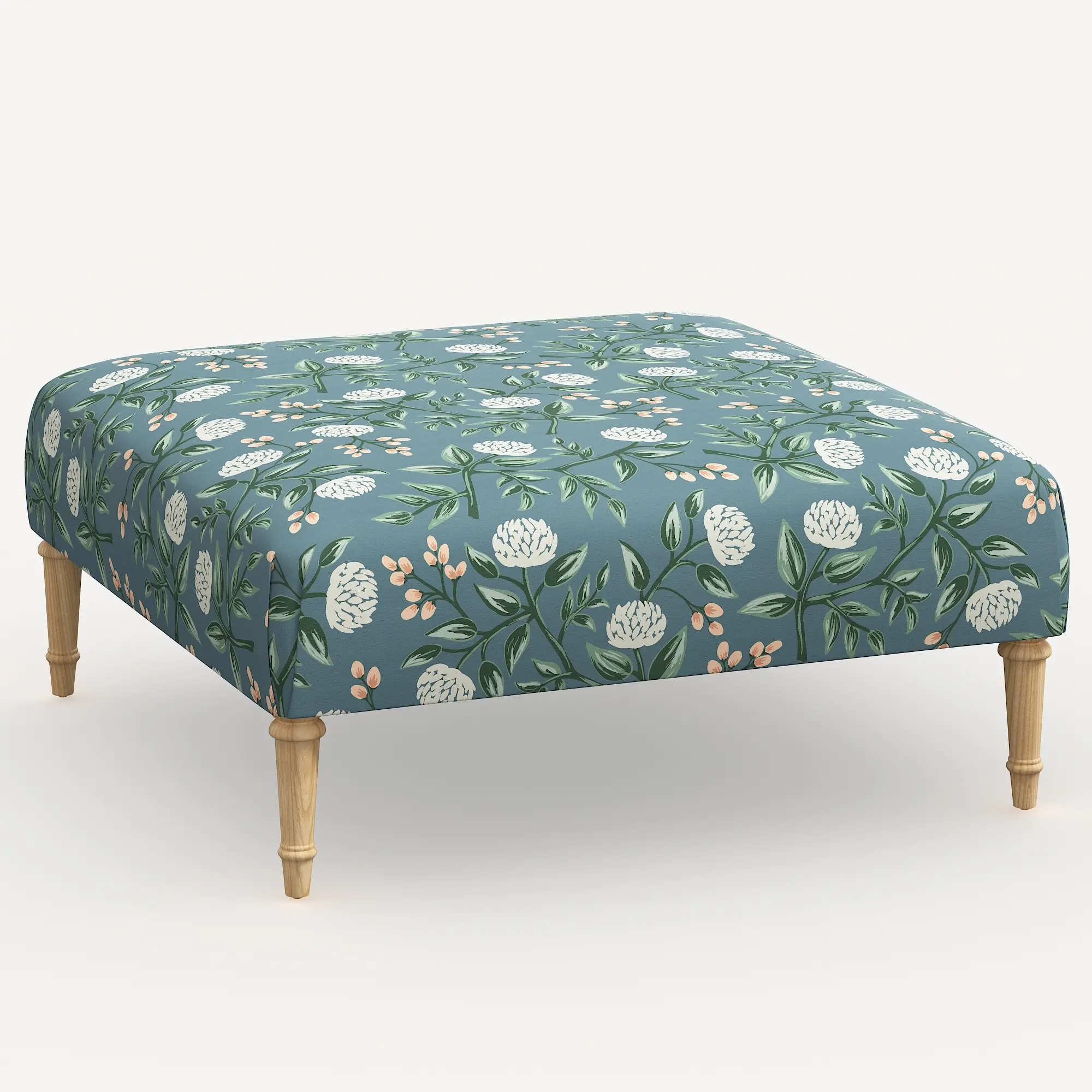 Rifle Paper Co. Greenwich Emeral Peonies Ottoman with Natural Legs