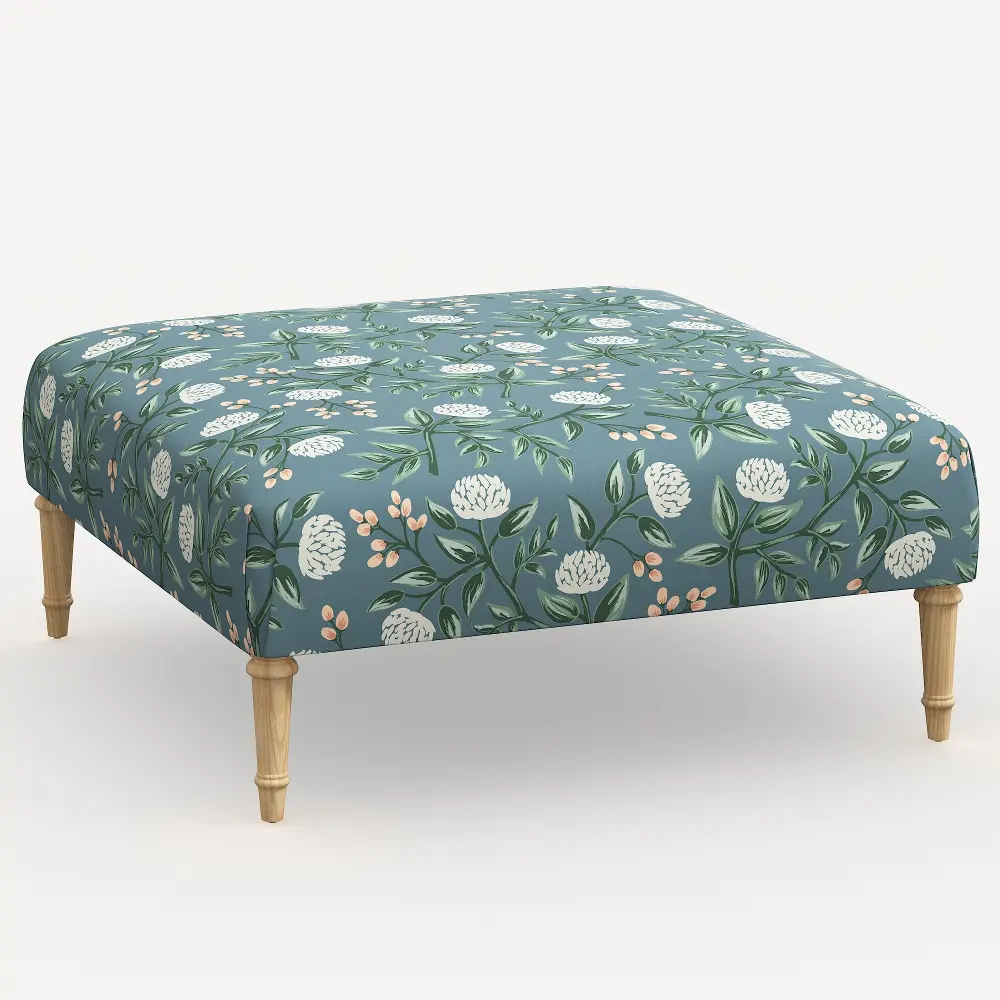 455FCNATRPCPNEMRLCB Rifle Paper Co. Greenwich Emeral Peonies Ottoman with Natural Legs-1