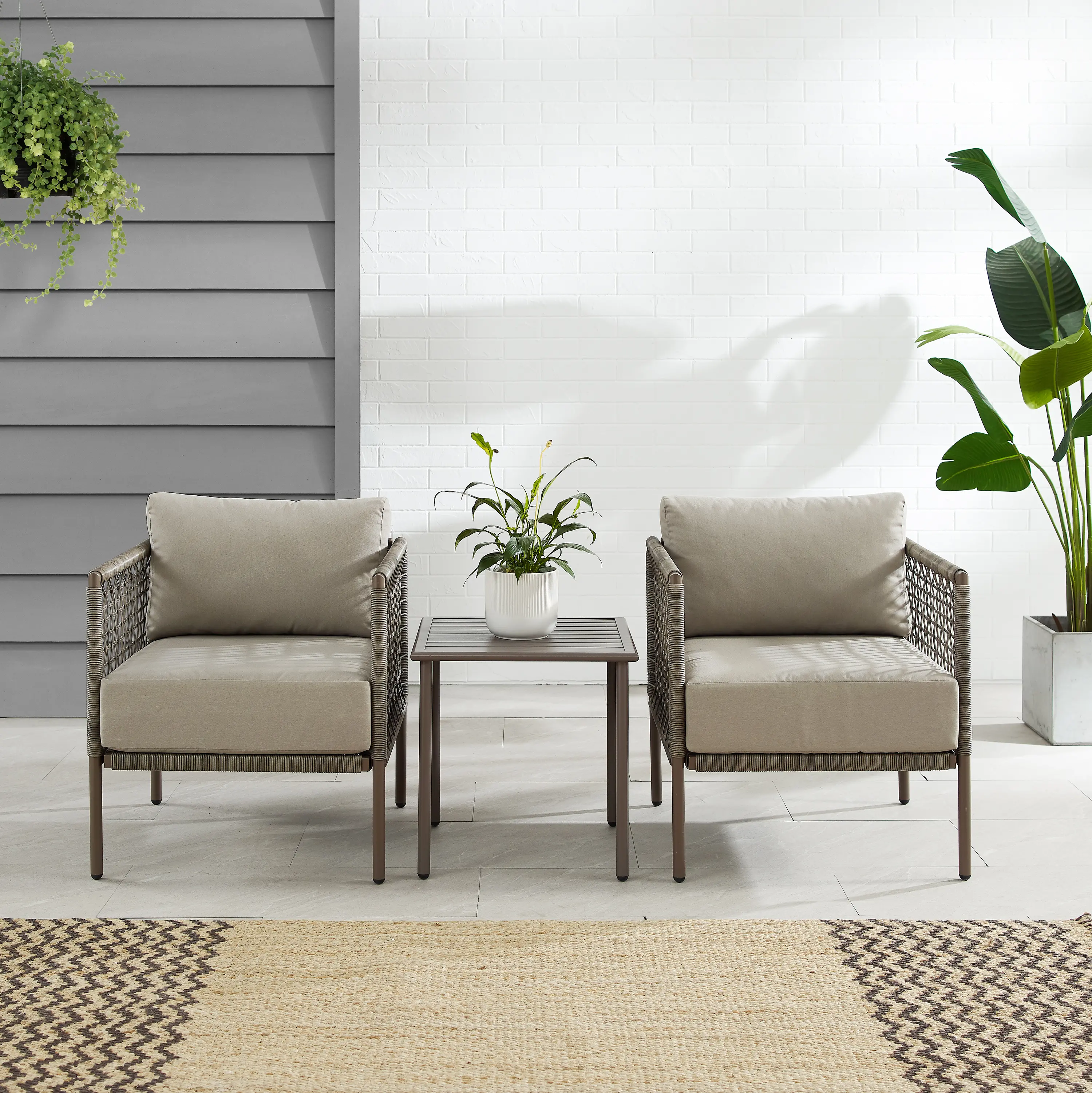 Cali Bay 3 pc Taupe Wicker and Metal Patio Armchair Set