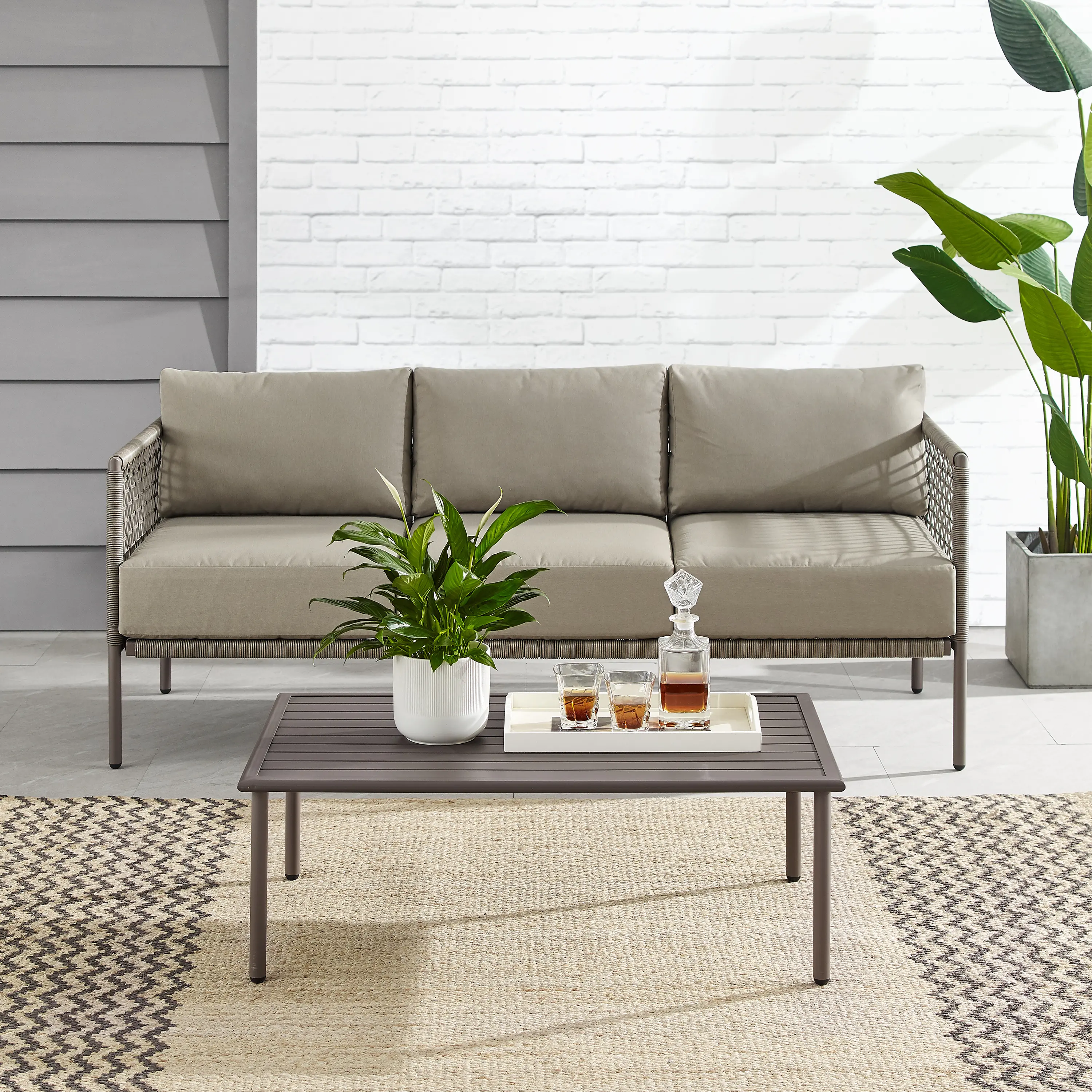 Cali Bay Taupe Wicker and Metal Sofa and Table Set