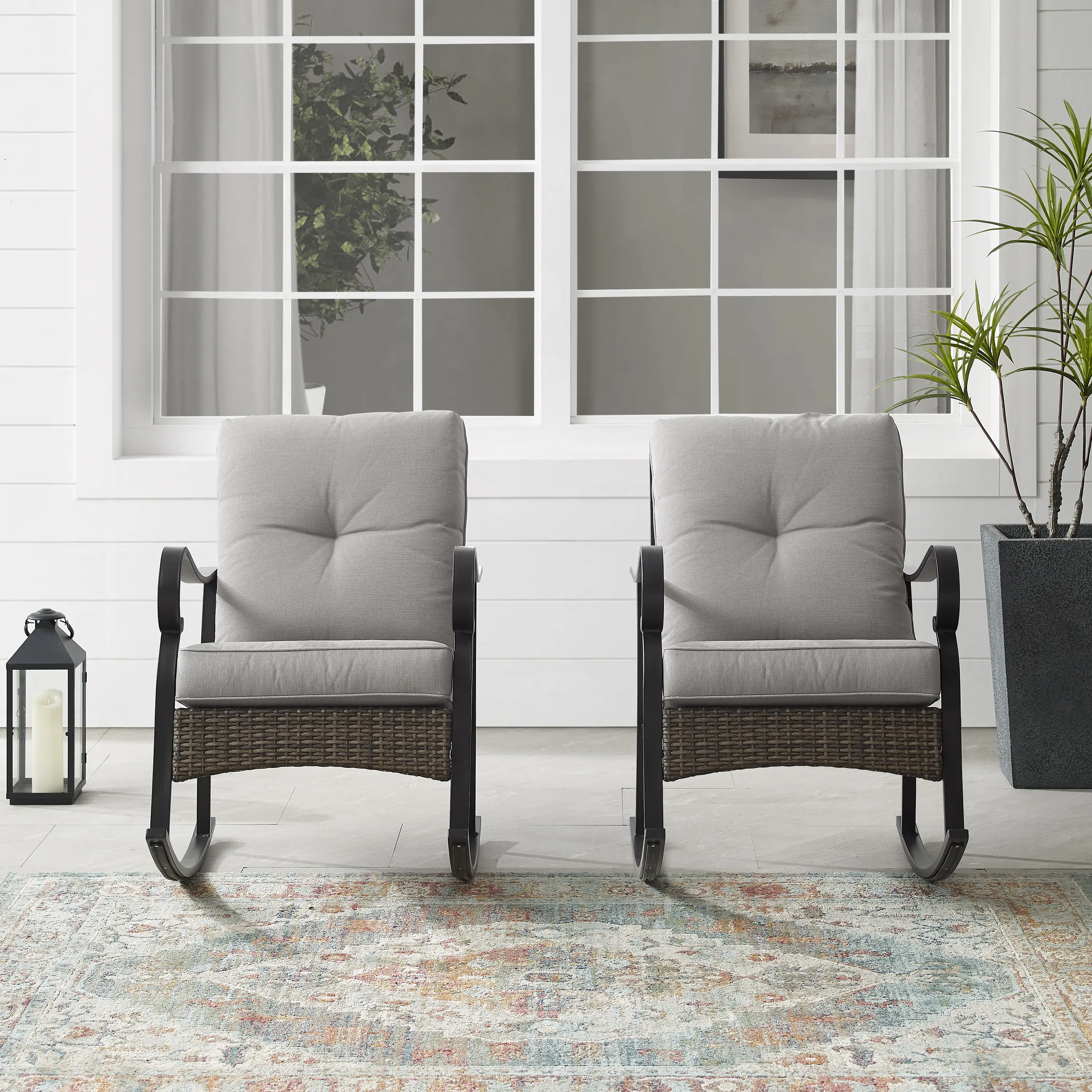 Dahlia Metal and Wicker Patio Rocking Chairs, Set of 2