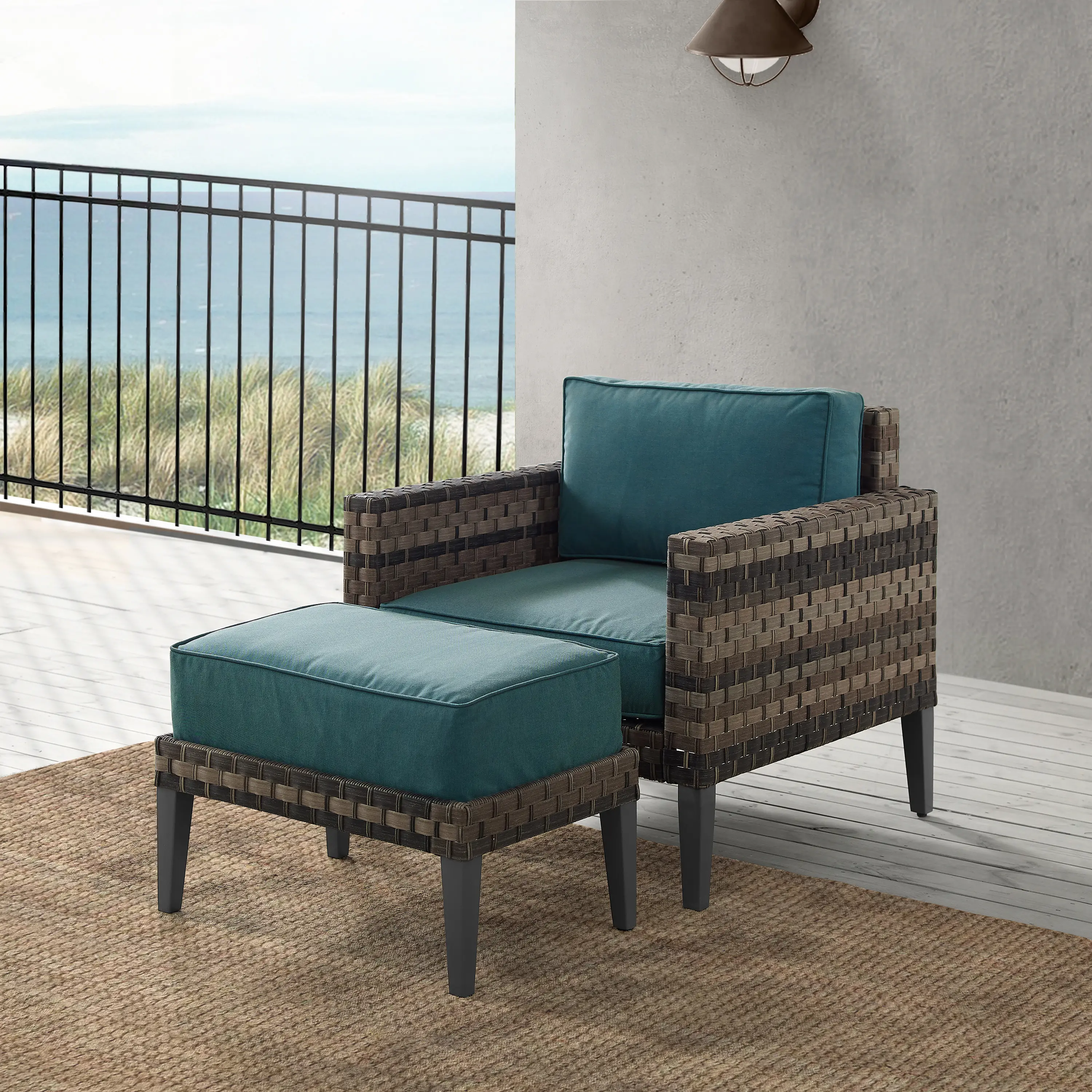 KO70258BR-BL Prescott Blue Outdoor Wicker Chair & Ottoman Set sku KO70258BR-BL