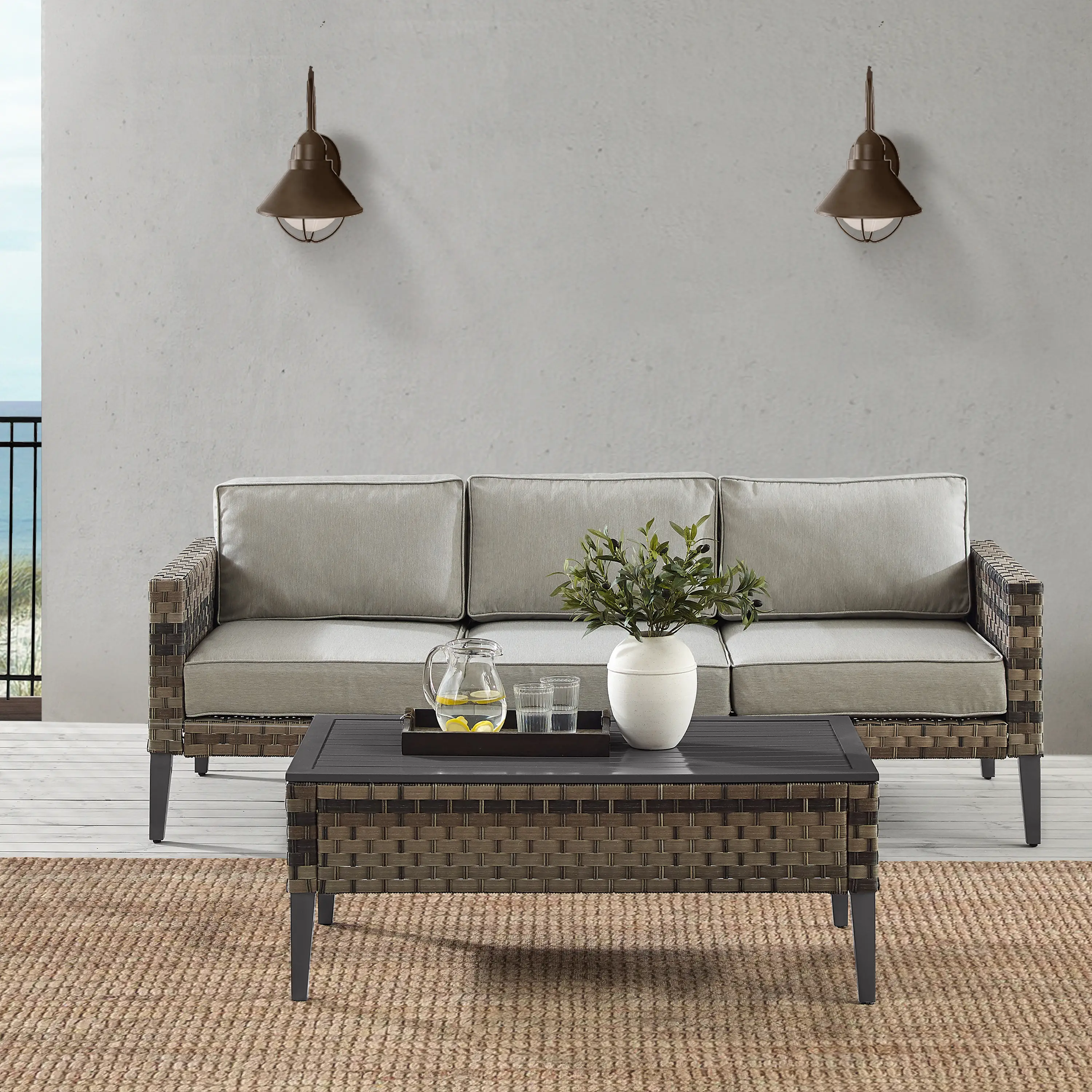 Prescott Taupe Outdoor Wicker Sofa & Coffee Table Set