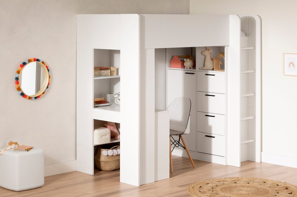 Logik White Twin Loft Bed with Desk