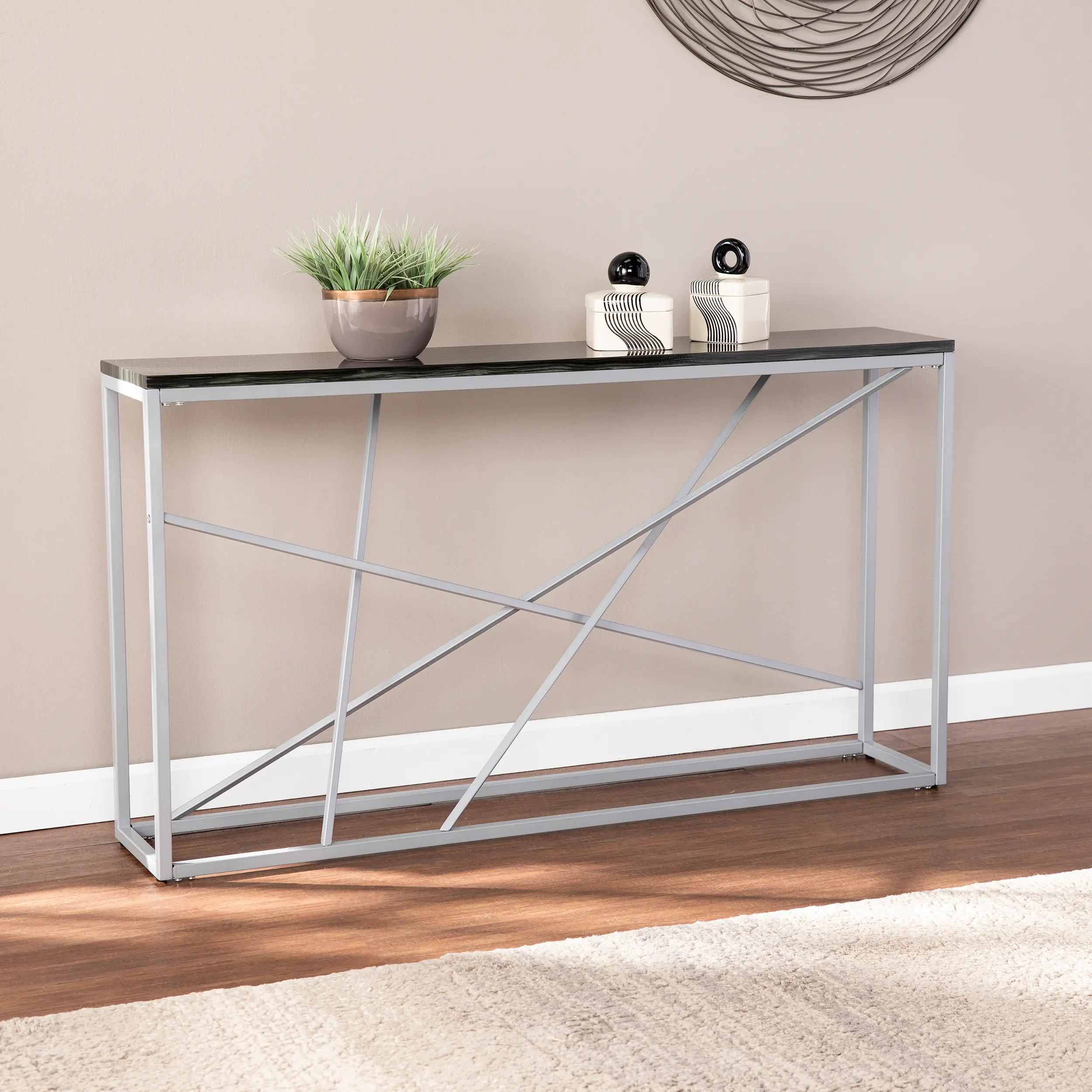 Arendal Faux Stone & Silver Skinny Console Table