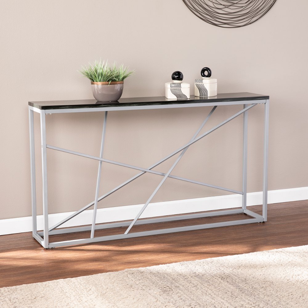 113256914 Arendal Faux Stone & Silver Skinny Console Table sku 113256914