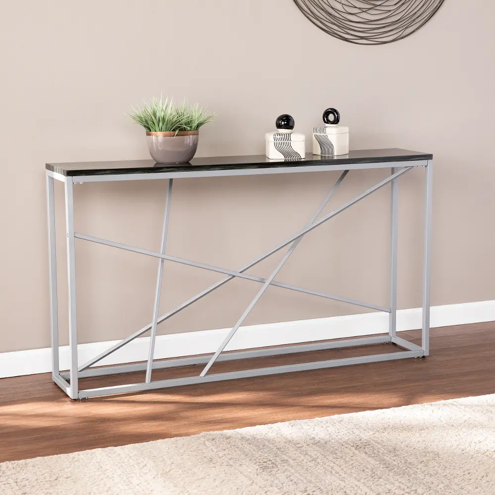 CM1652 Arendal Faux Stone & Silver Skinny Console Table-1