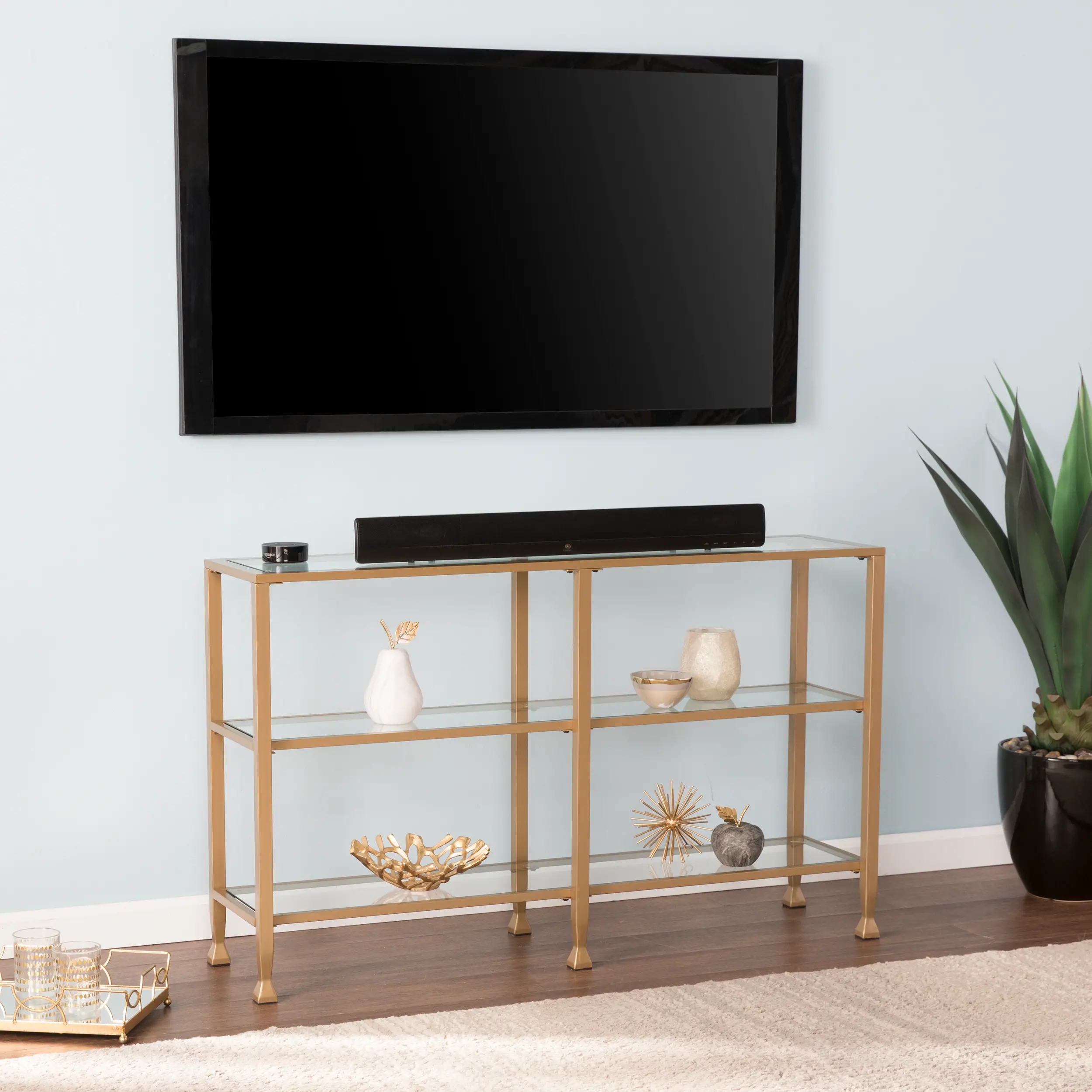 Jaymes Gold Metal Console Table with Glass Shelves