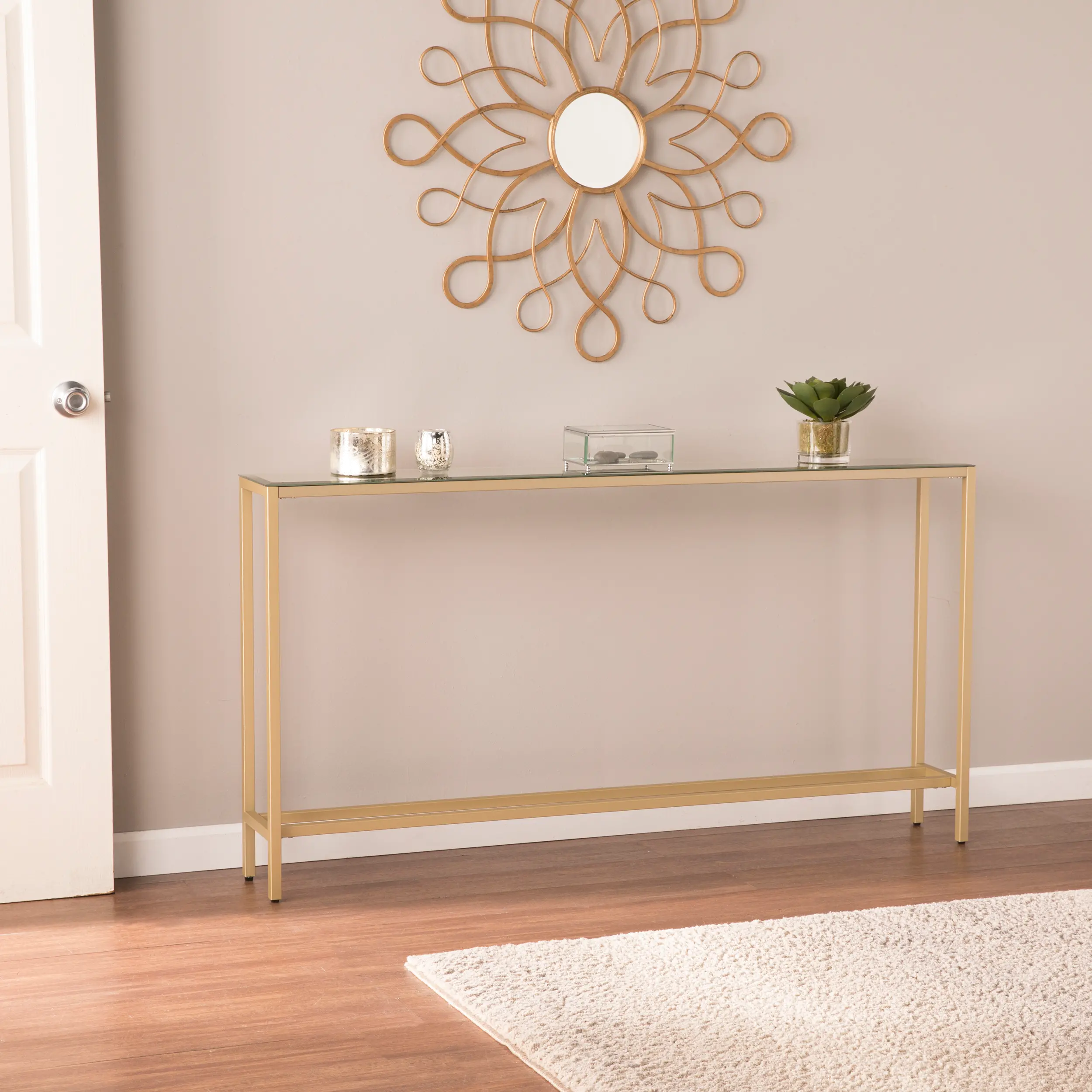 Darrin Long Gold Console Table with Mirrored Top