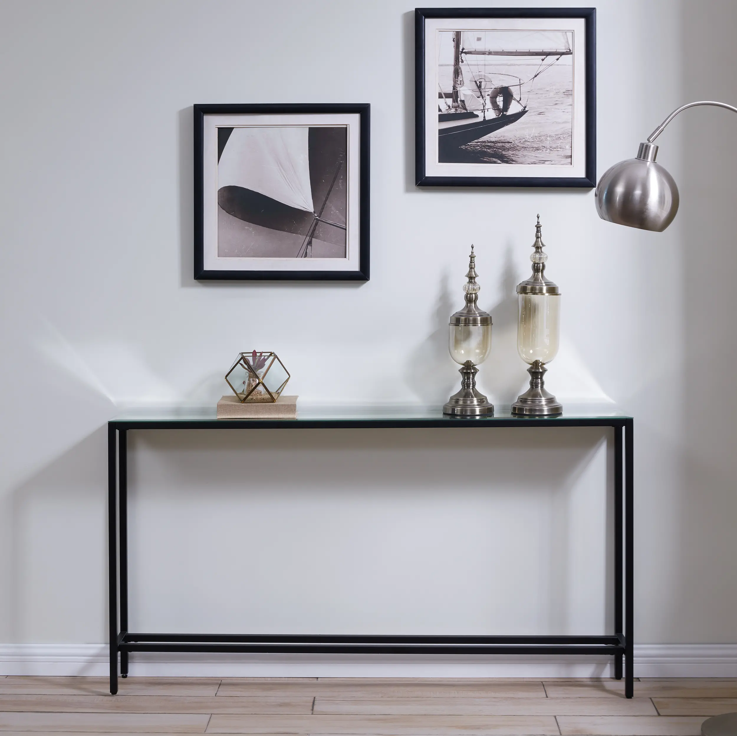 Darrin Long Gunmetal Gray Console Table with Mirrored Top