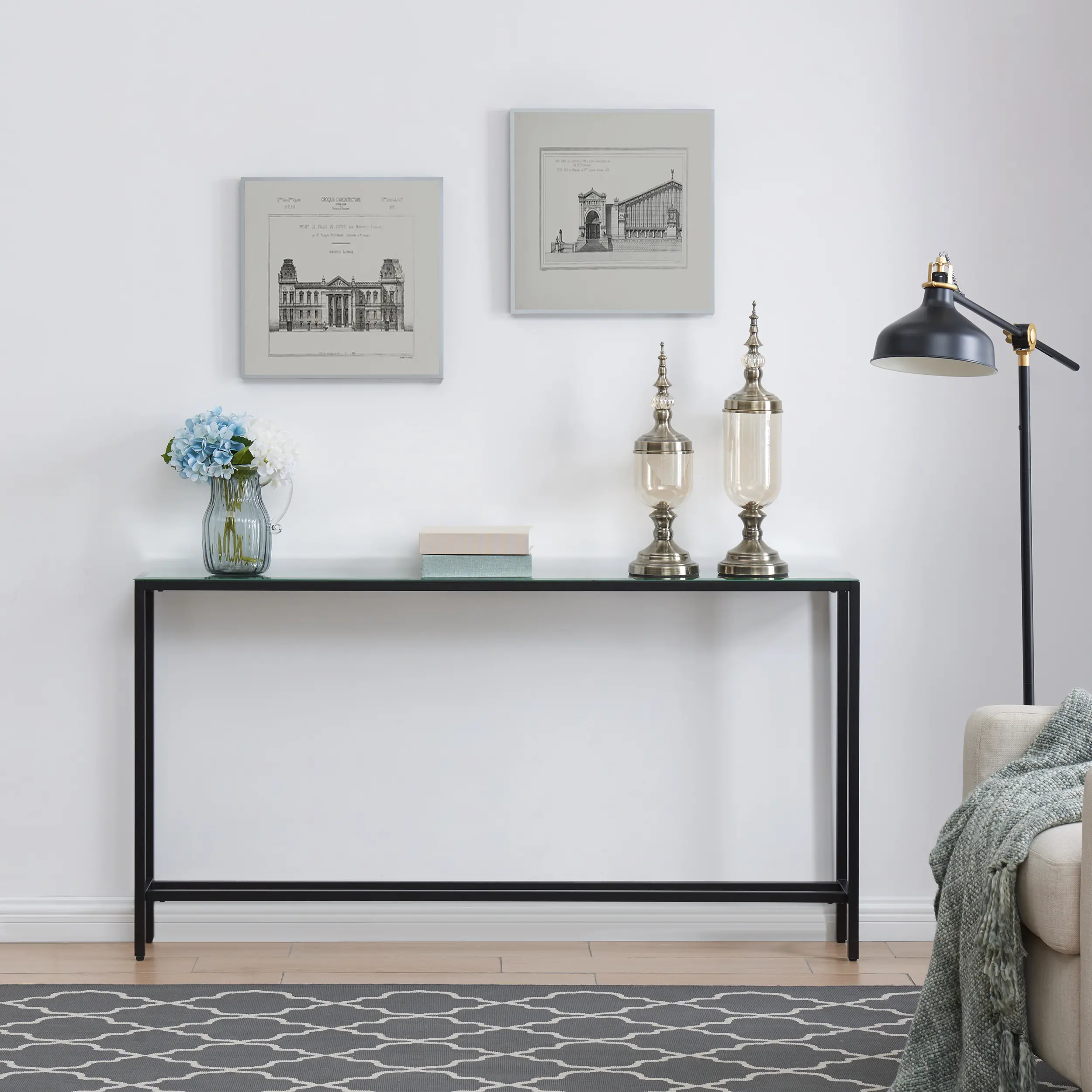 Darrin Long Black Console Table with Mirrored Top