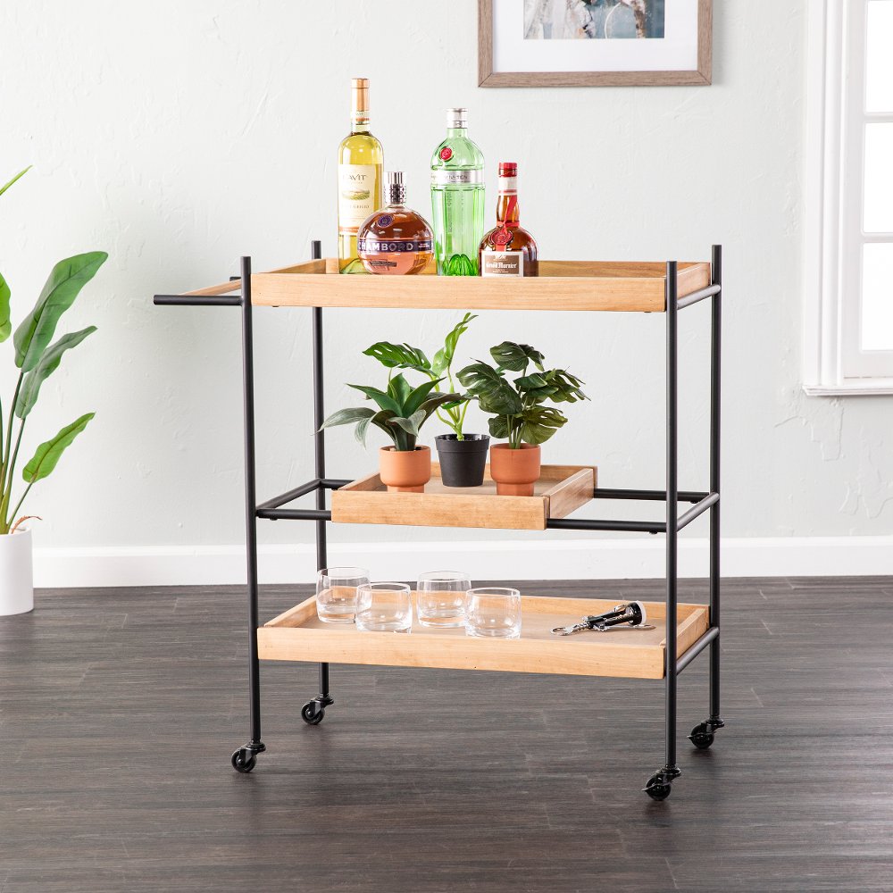 113257872 Claverdon Light Brown Rolling Bar Cart sku 113257872