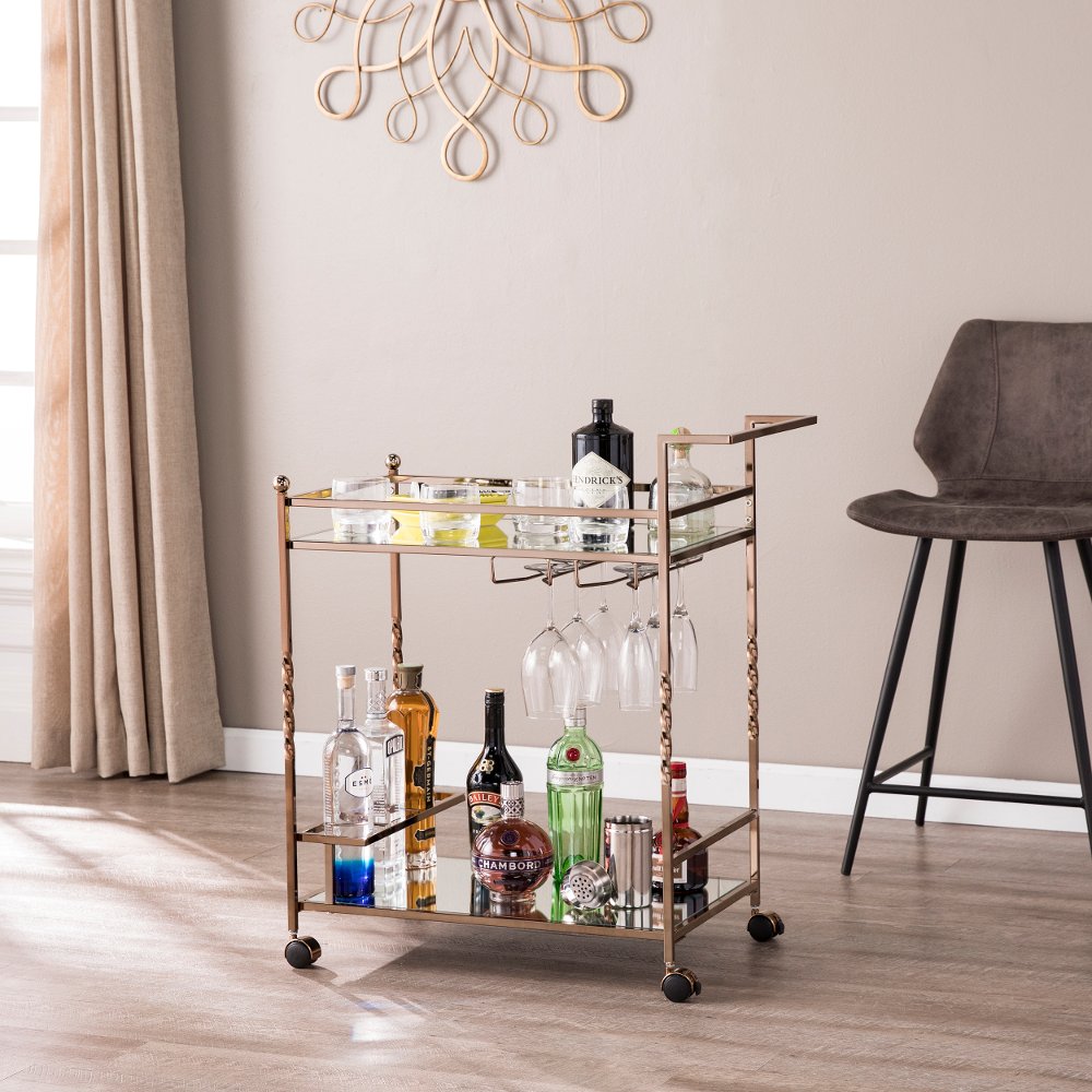 113258216 Ivers Rose Gold Metal Mirrored Bar Cart sku 113258216