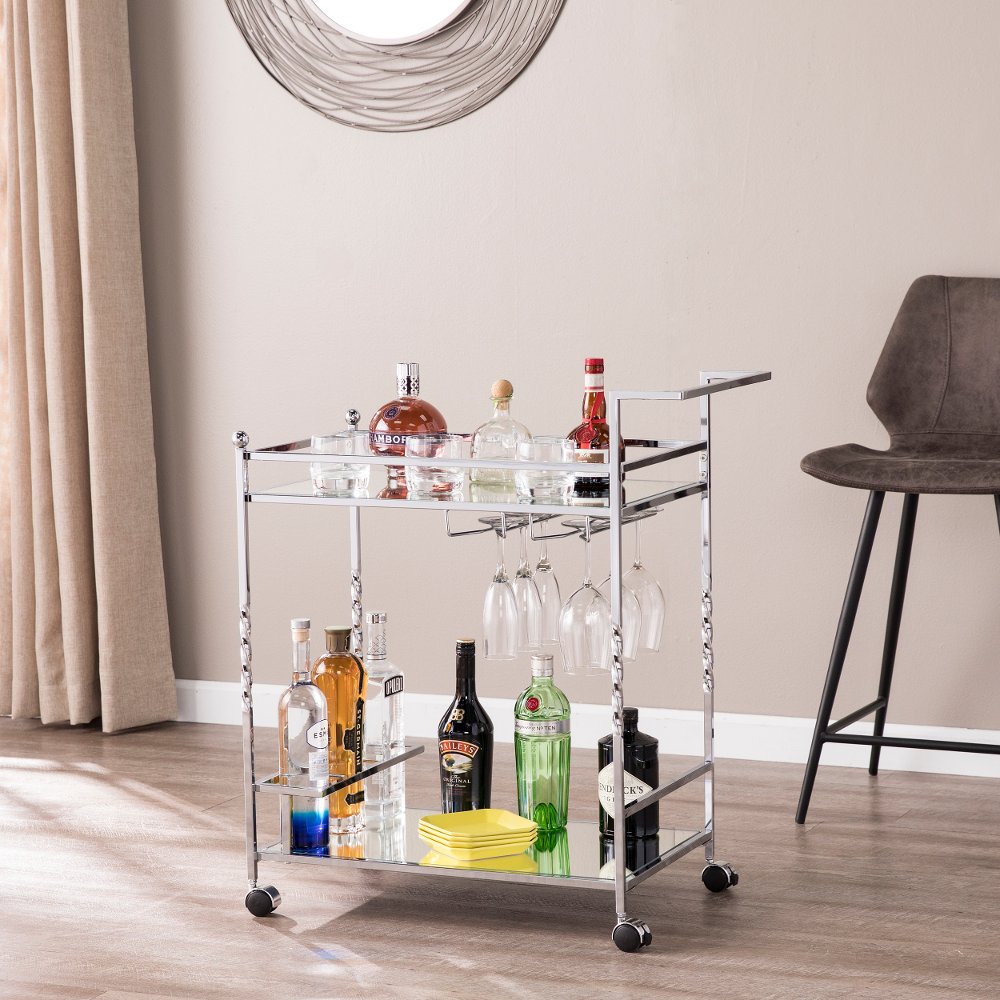 113258224 Ivers Chrome Metal Mirrored Bar Cart sku 113258224