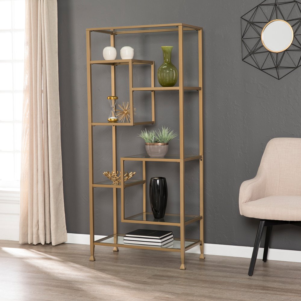 113258259 Jaymes Gold Metal & Glass Asymmetrical Bookcase sku 113258259