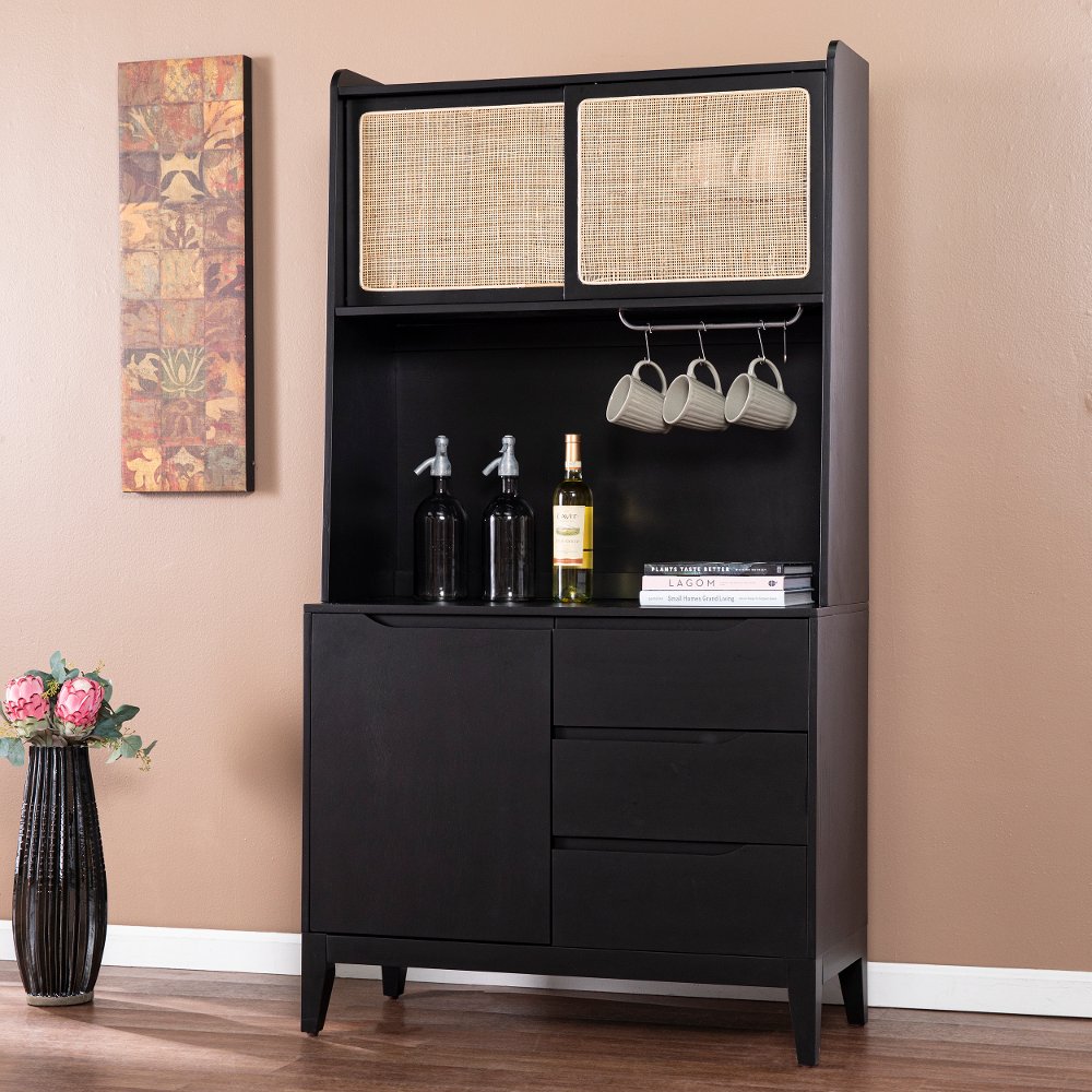 Carondale Black & Rattan Buffet Cabinet with Hutch