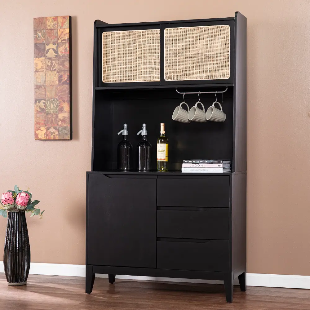 KA1096212 Carondale Black & Rattan Buffet Cabinet with Hutch-1