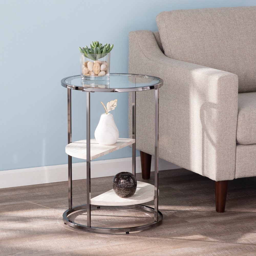 113258429 Ledermore Round Glass and Faux Stone Side Table sku 113258429