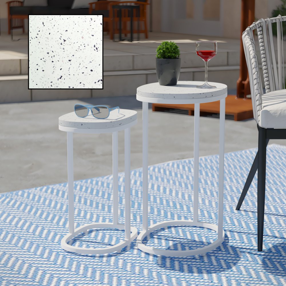 113259328 Vicanno White Terrazzo Outdoor Nesting Tables, Set sku 113259328