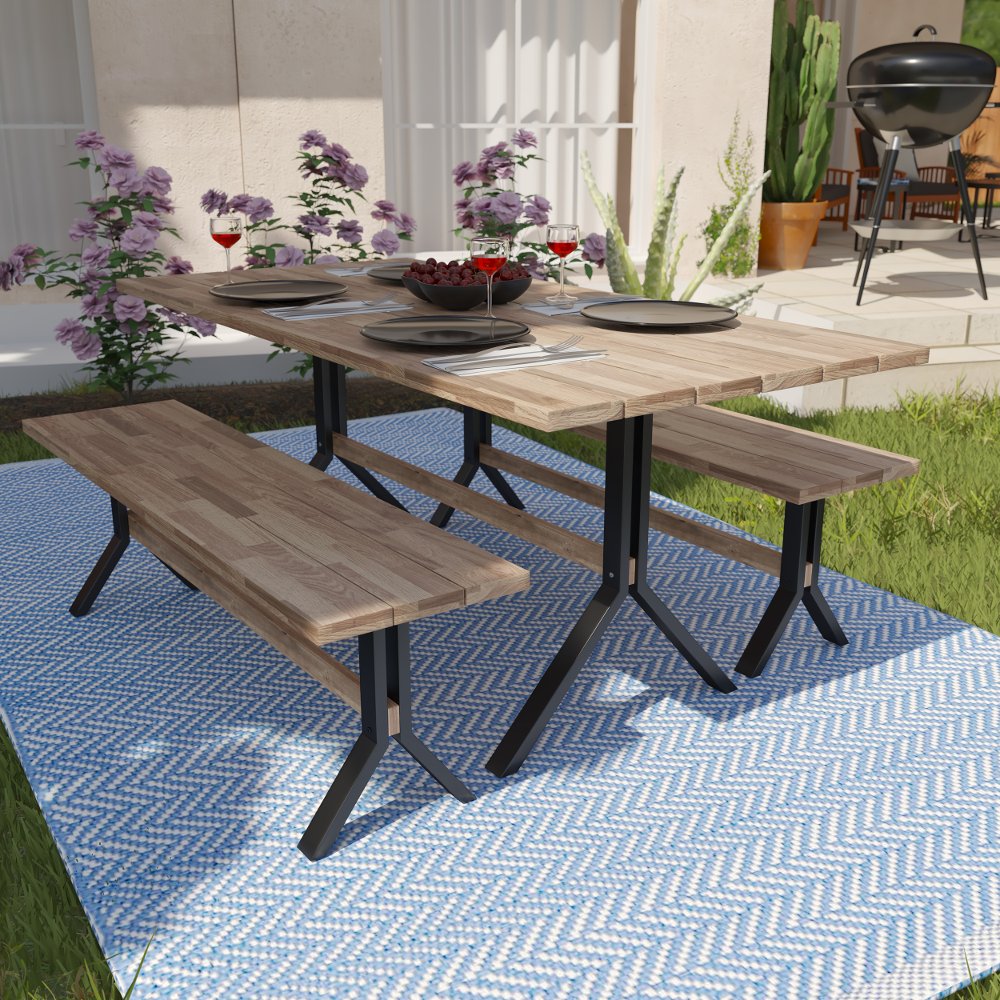 113259409 Standlake Outdoor Wood Dining Set with Benches 3pc sku 113259409