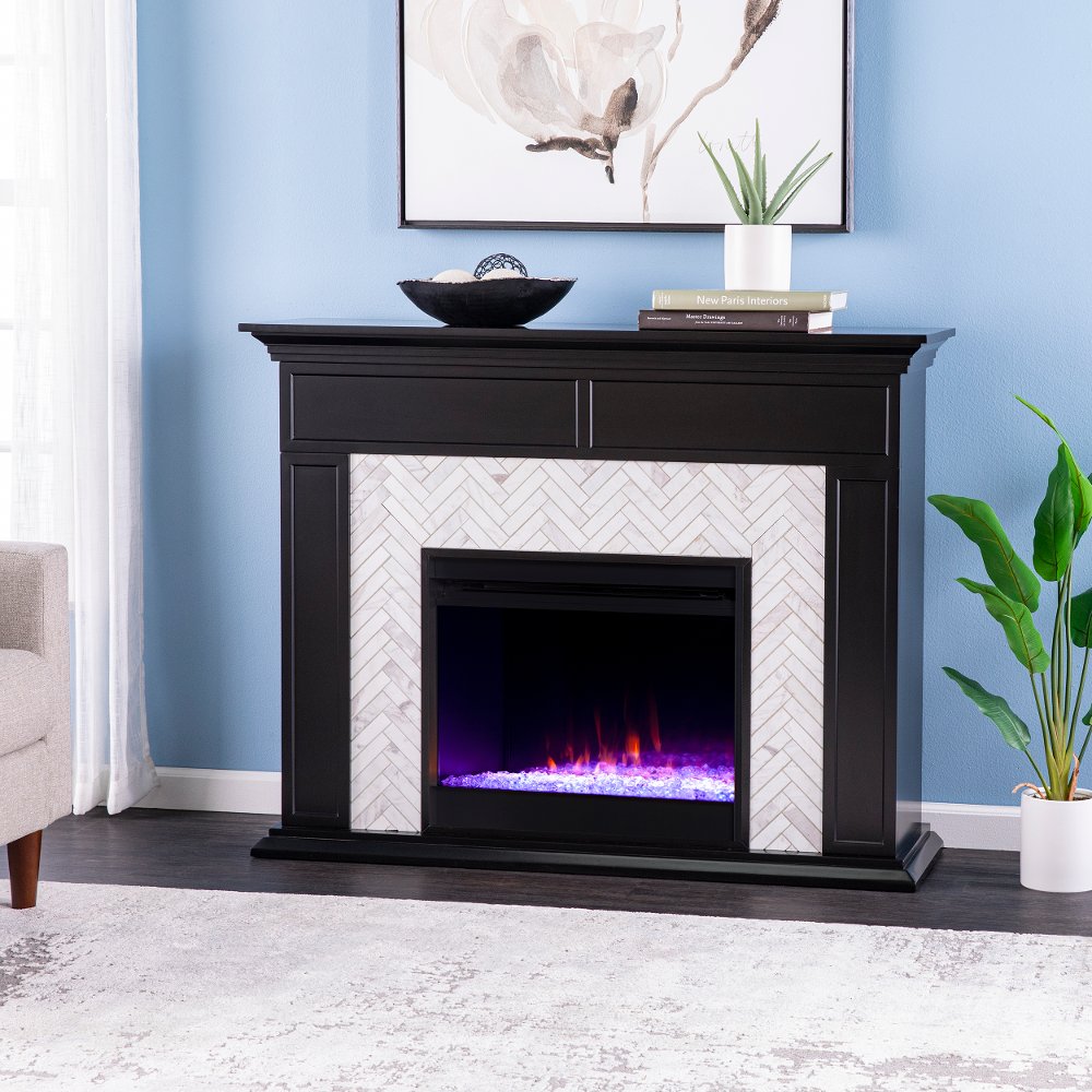 Torlington Black Marble Tiled Color Changing Fireplace