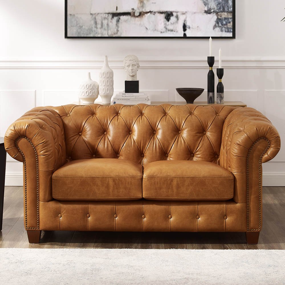 113401892 Versailles Saddle Brown Leather Loveseat sku 113401892