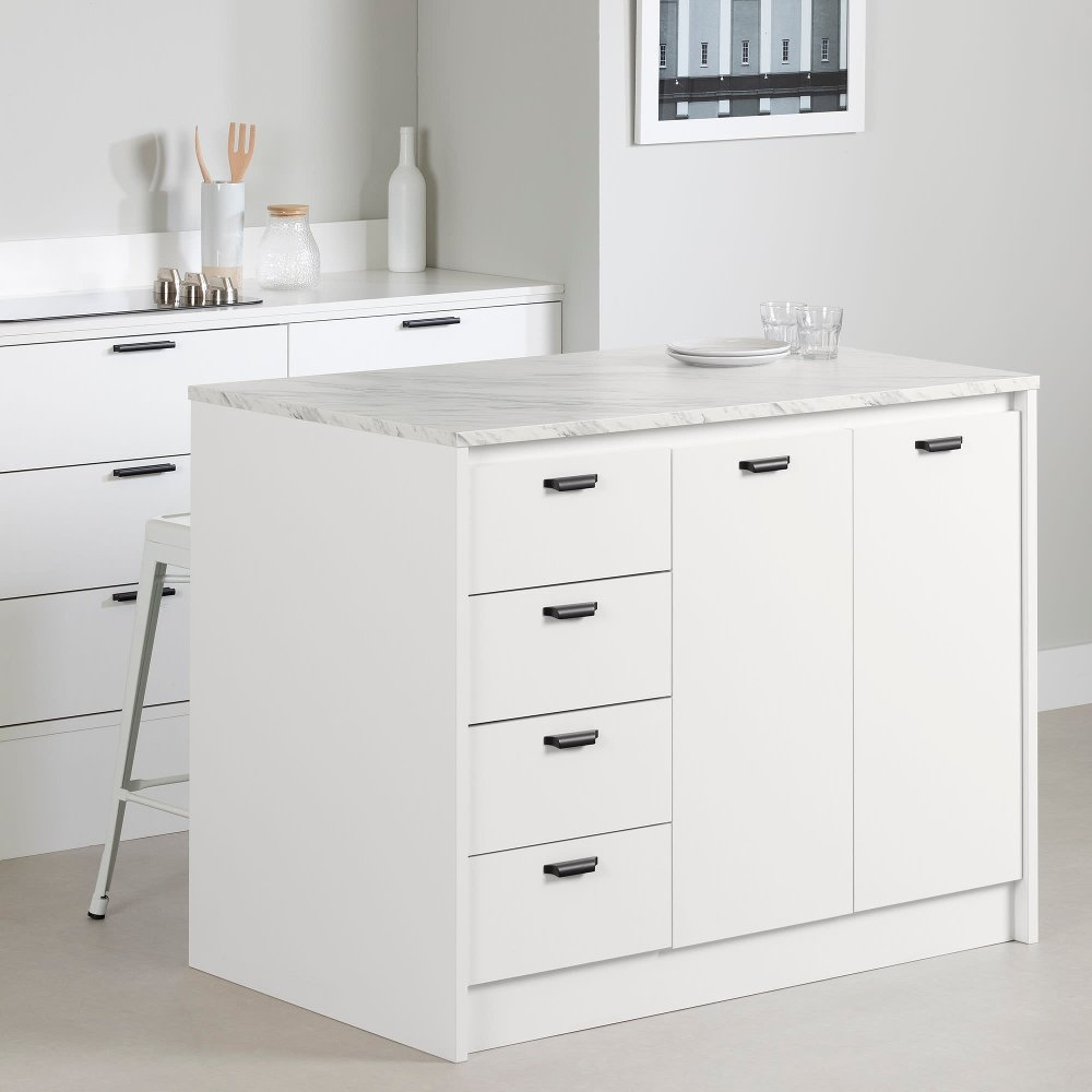 Amaro White and White Marble Kitchen Island - South Shore