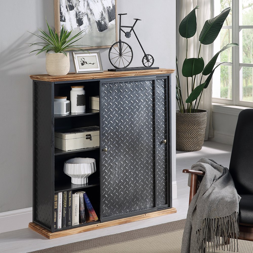 Barton Black Metal and Wood Storage Cabinet