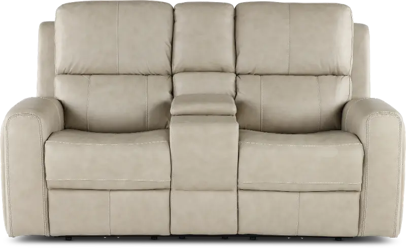 Linden Beige Power Reclining Loveseat with Console
