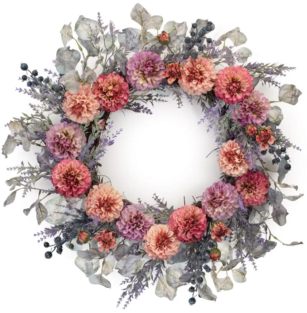 24 Inch Round Pink and Purple Zinnia Twig Wreath-1