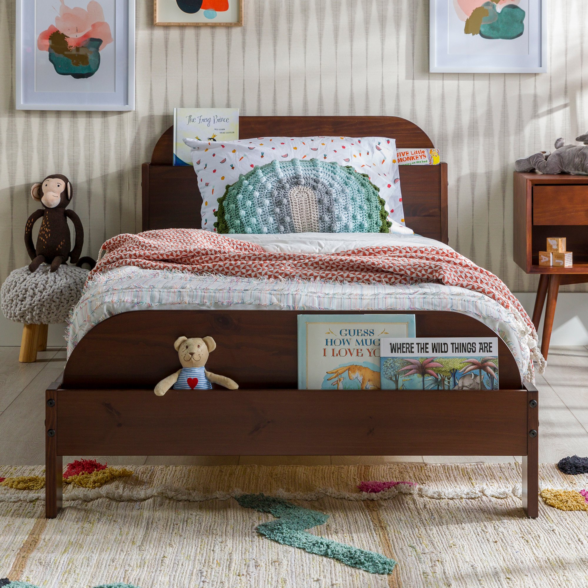 Photos - Bed Walker Edison Naples Walnut Wood Twin  with Bookcase Headboard BTNAPWT 