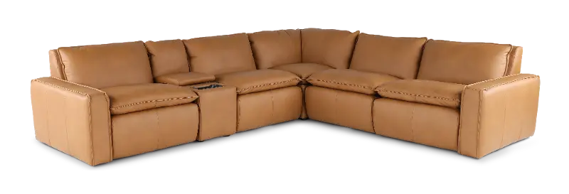 Oslo Tan Leather 6 Piece Sectional with Console