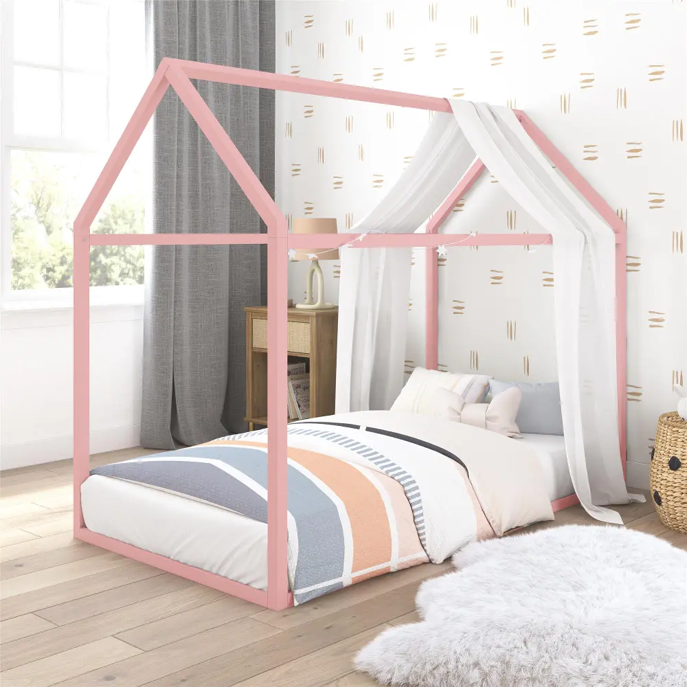 Little Seeds Skyler Blush Pink Metal Montessori House Twin Bed-1