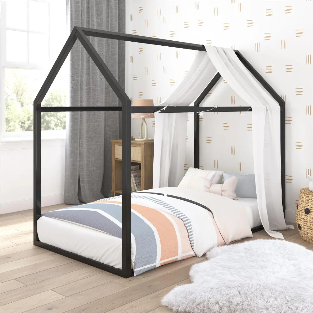 Little Seeds Skyler Black Metal Montessori House Twin Bed-2