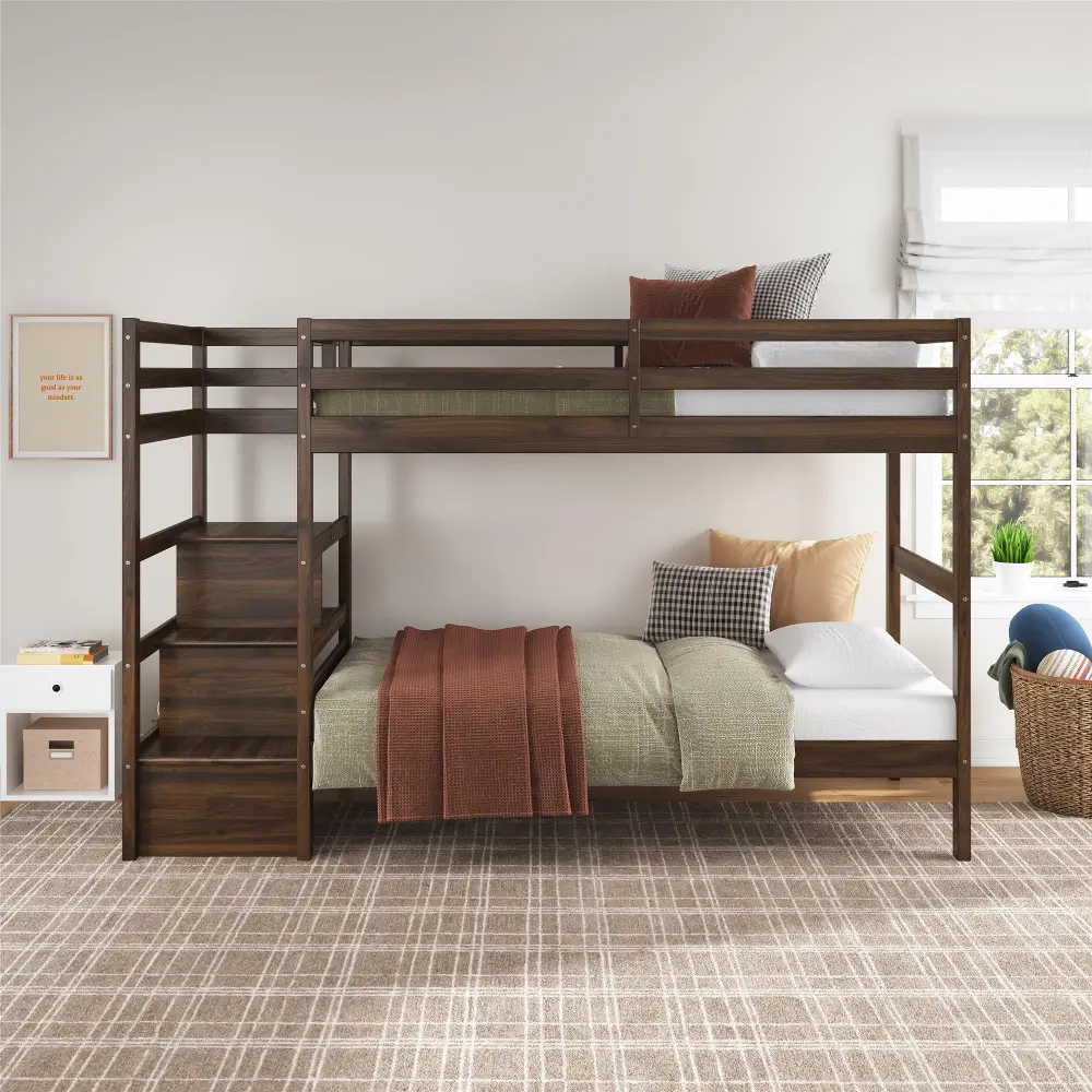 Little Seeds Zaire Mocha Wood Twin over Twin Bunk Bed with Stairs and Shelves-1