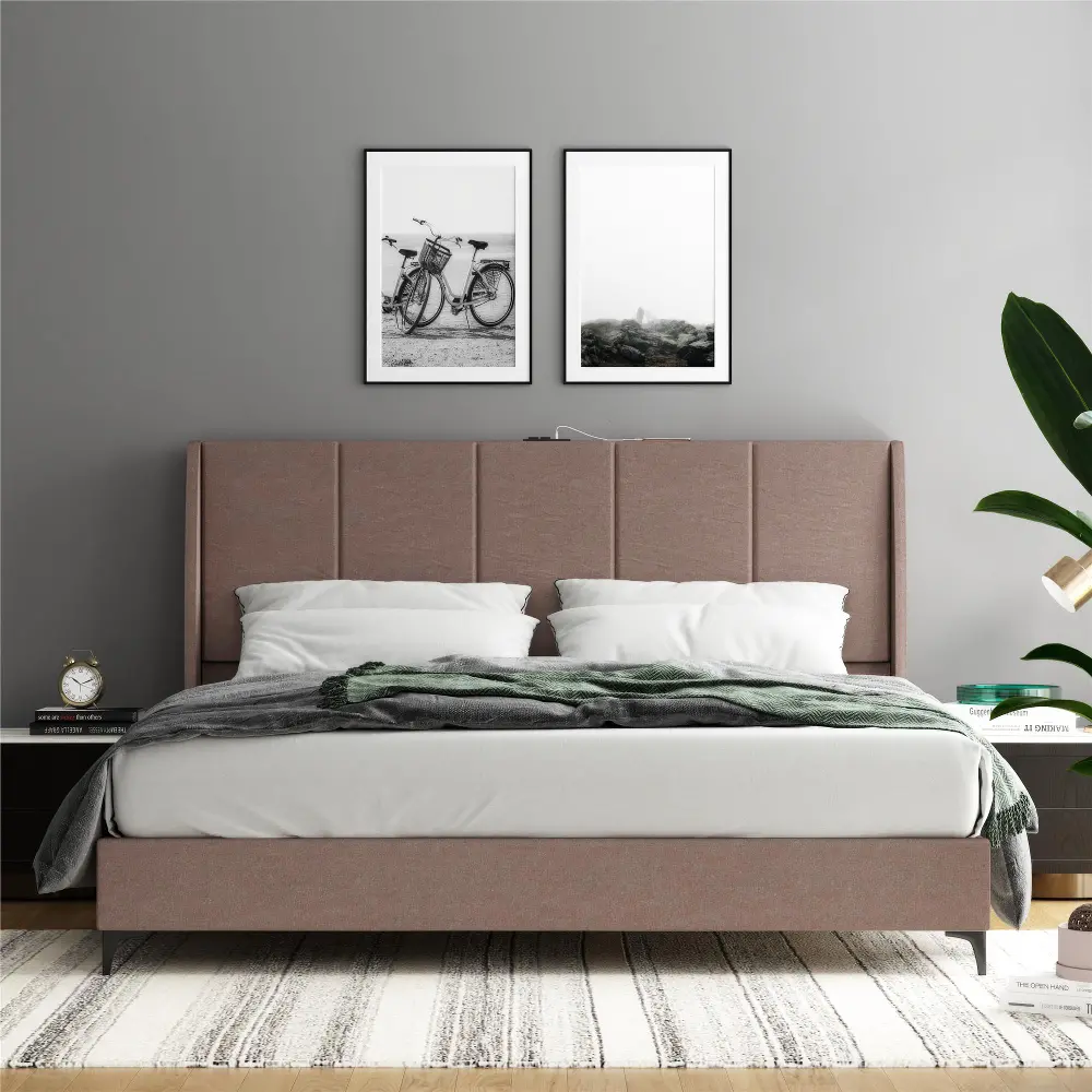 Lamora Taupe Upholstered King Bed with USB-2