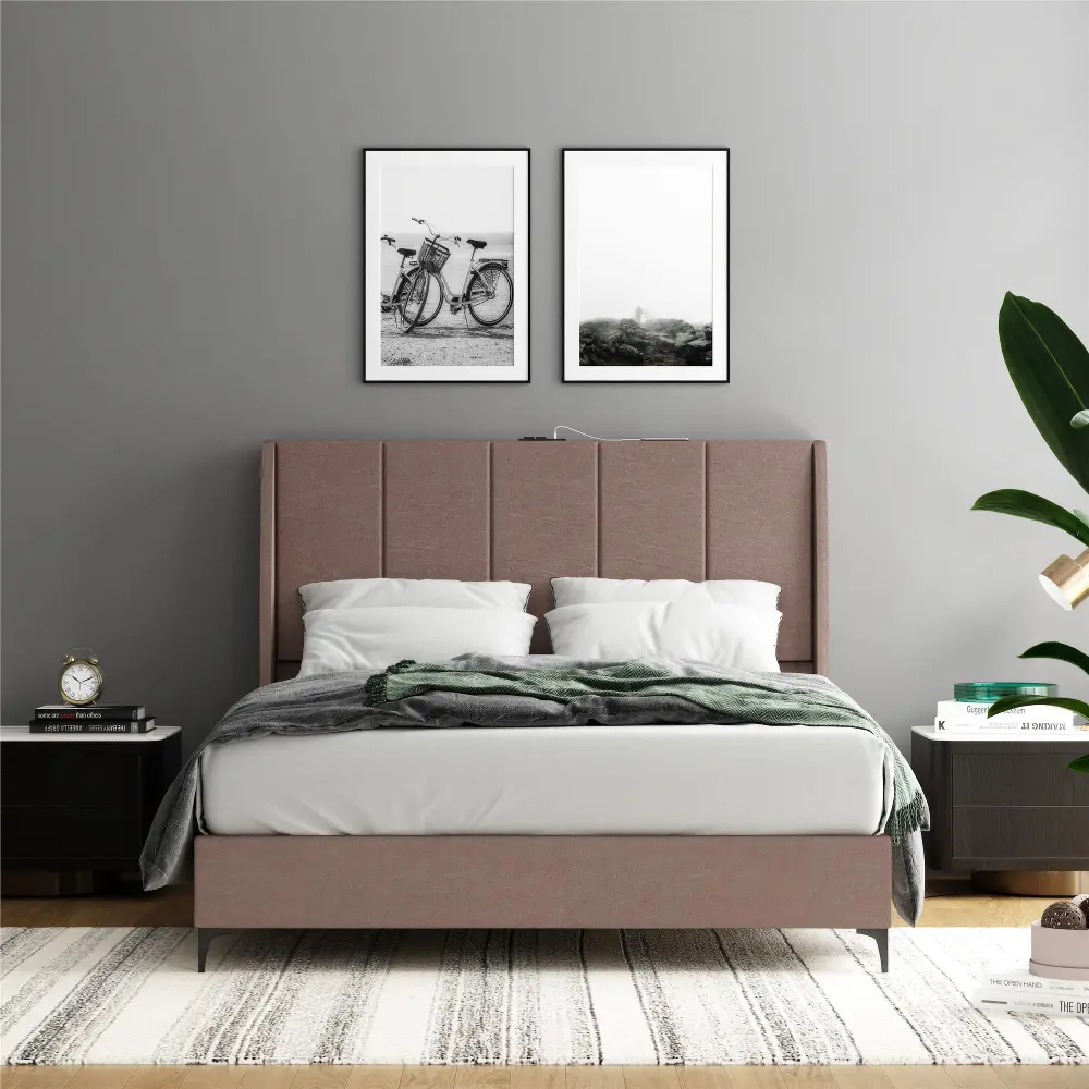 Lamora Taupe Upholstered Queen Bed with USB-2