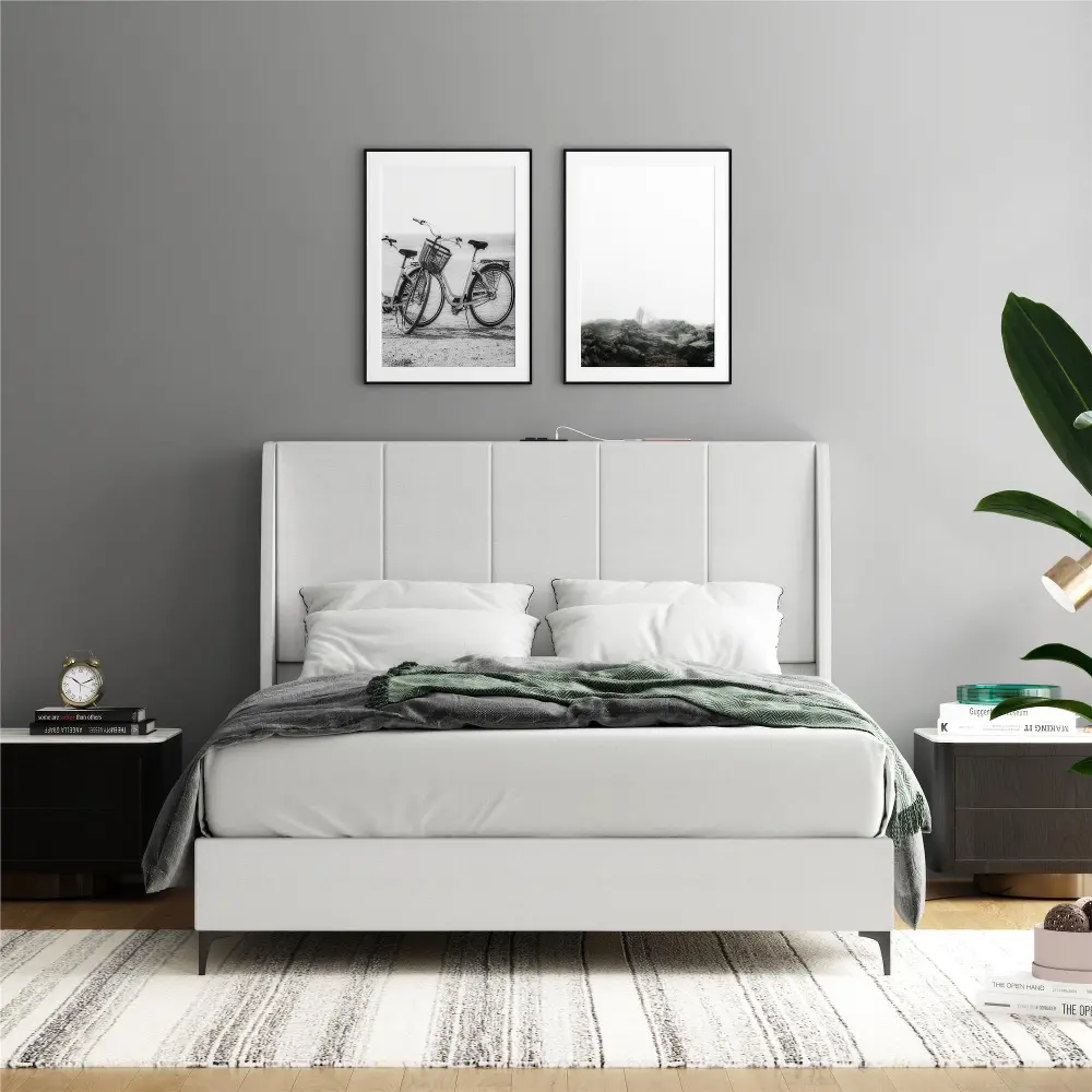 Lamora Light Gray Upholstered Queen Bed with USB-2