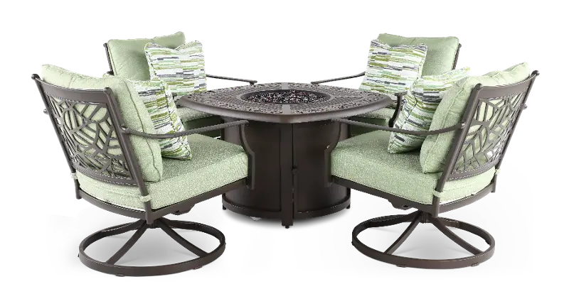Thurston 5 Piece Gray and Green Fire Pit and Swivel Club Rocker Patio Set