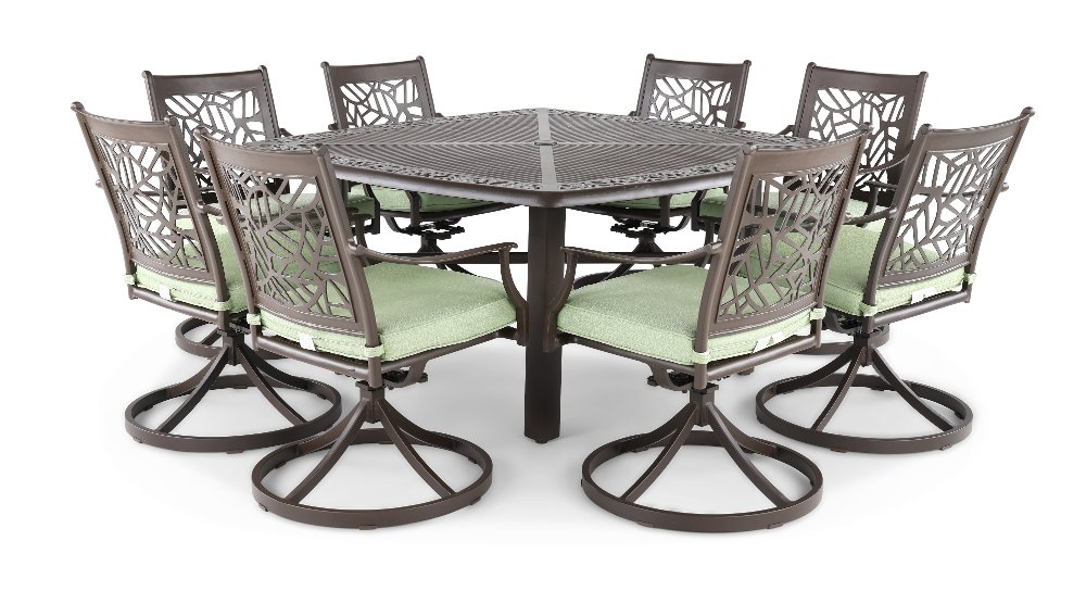 Thurston 9 Piece Gray and Green Swivel Chair Patio Dining Set
