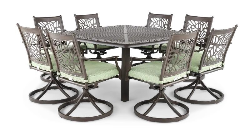 Thurston 9 Piece Gray and Green Swivel Chair Patio Dining Set