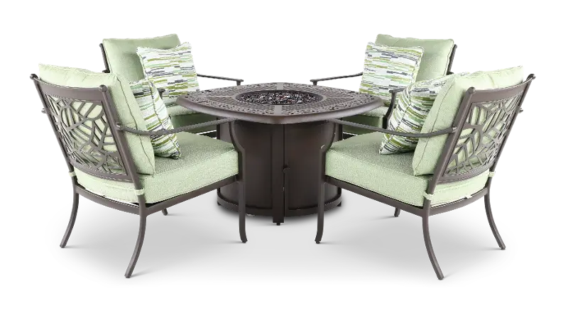 Thurston 5 Piece Gray and Green Firepit and Club Chair Patio Set