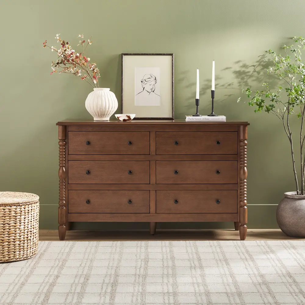 WEVIV026D2BR1 Vivienne Dark Wood Spindle 6-Drawer Dresser-2