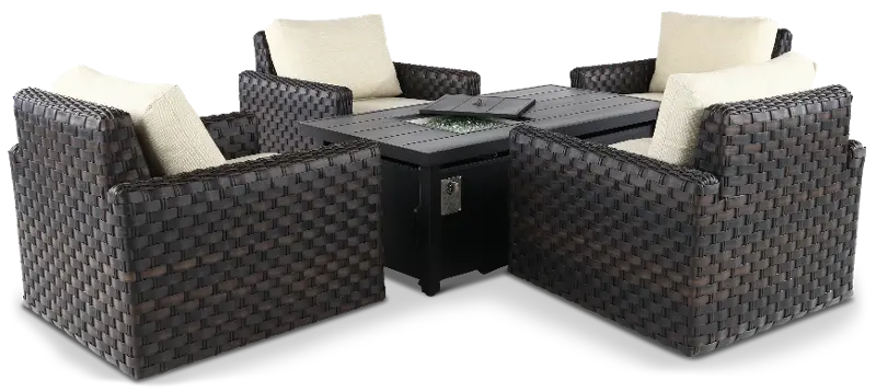 Sunset 5 Piece Beige and Wicker Swivel Glider Patio Chair and Fire Pit Set
