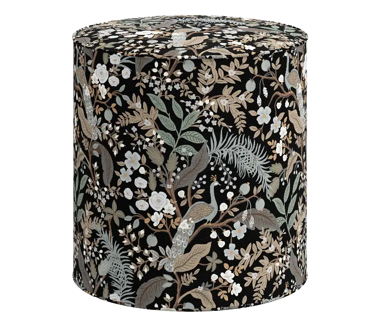 Rifle Paper Co Billie Peacock Black Round Ottoman