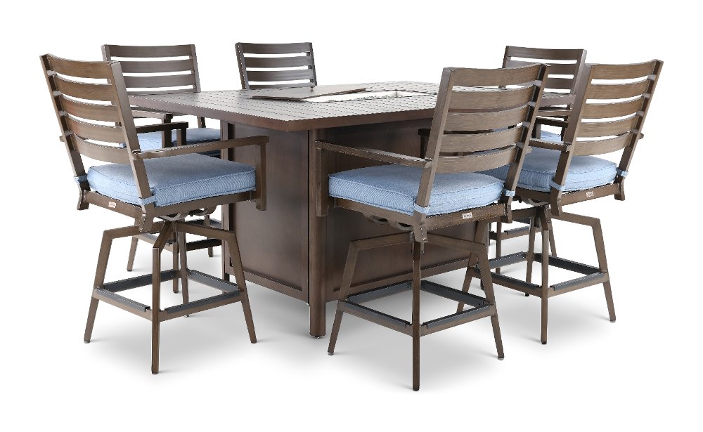 Adeline 7 Piece Blue Swivel Stool and Fire Table Patio Set