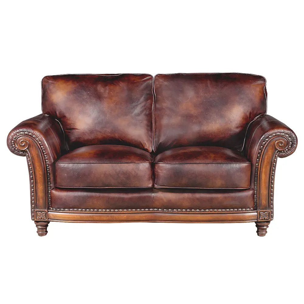 Classic Traditional Brown Leather Loveseat - Toberlone-1