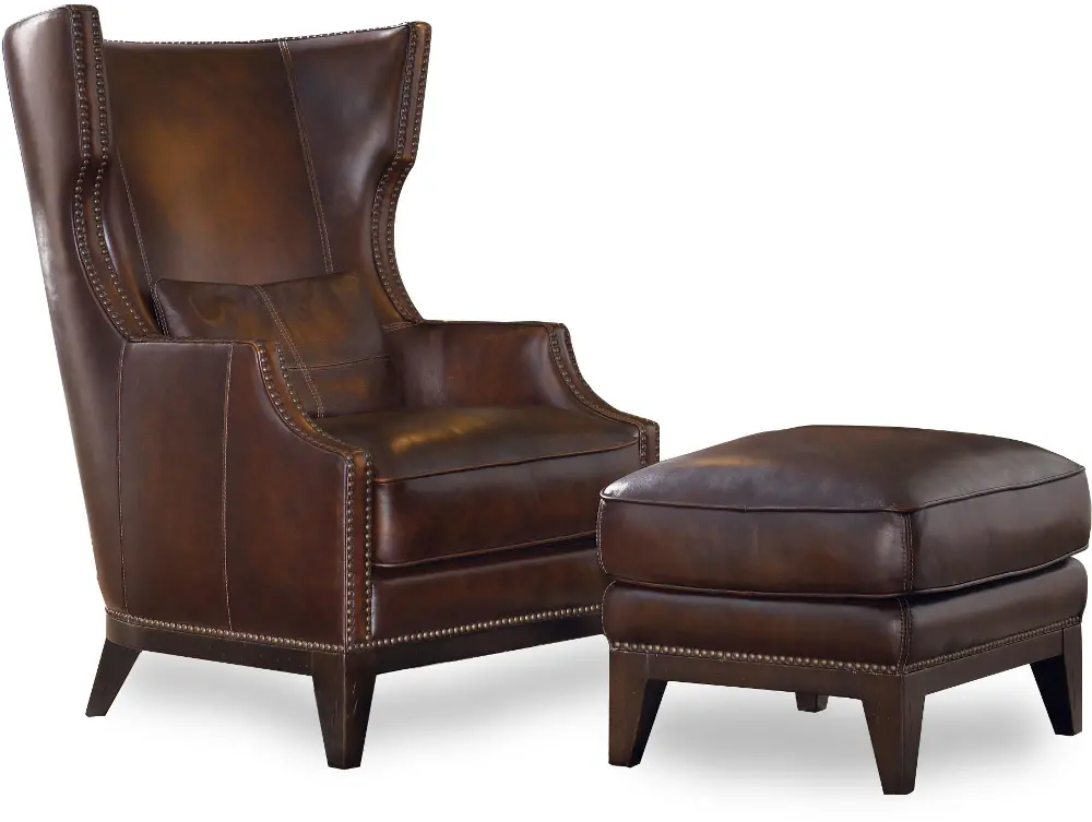 Classic Espresso Brown Wingback Leather Chair & Ottoman - Picasso-1