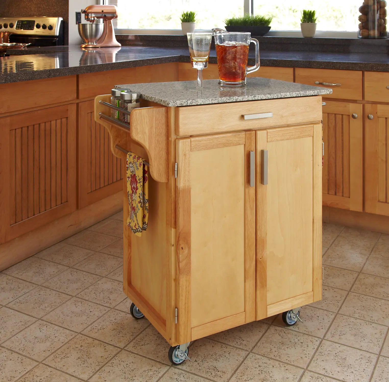 Natural Kitchen Cart with White and Black Granite Top - Create-a-Cart